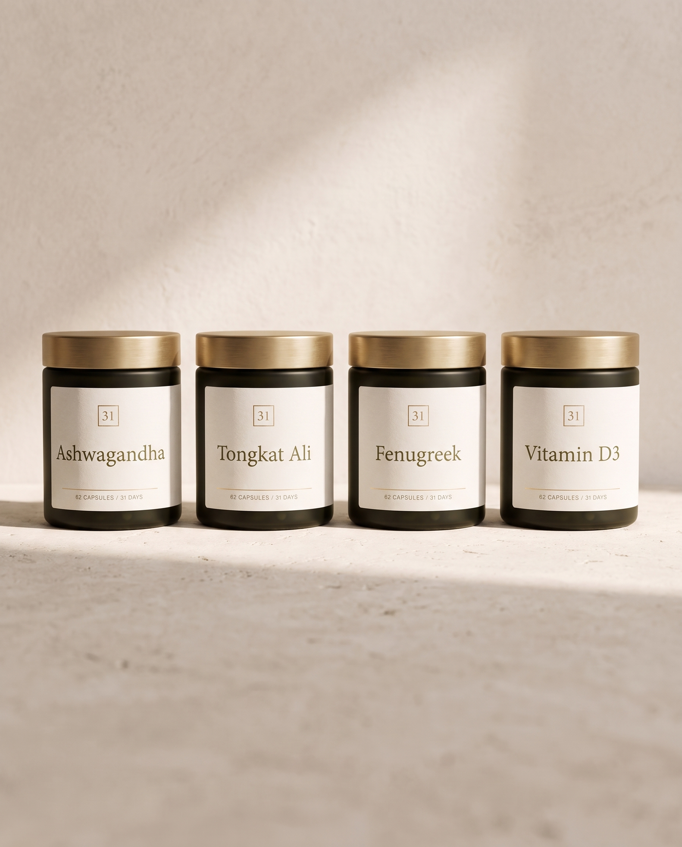 The Testosterone Stack, four olive ink jars in a row