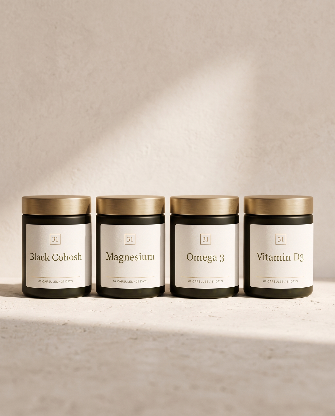 The Menopause Stack, four olive ink jars in a row