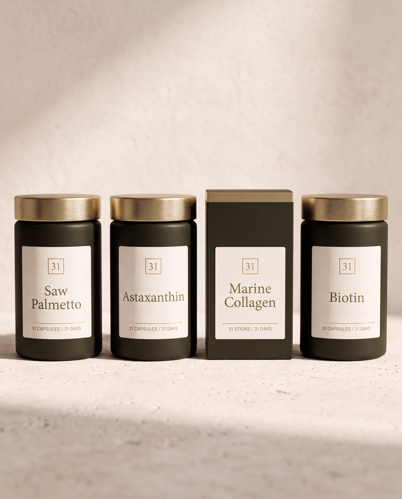 The Hair Density Stack, four olive ink packs in a row