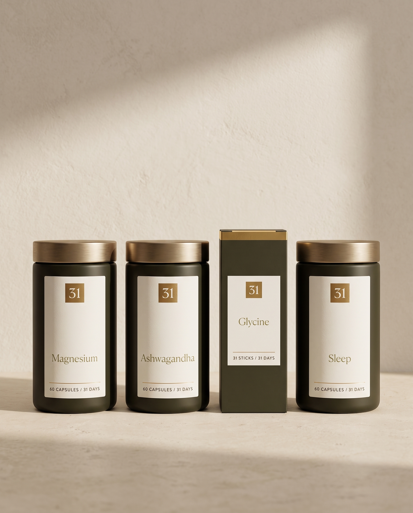 The Deep Rest Stack, four olive ink packs in a row